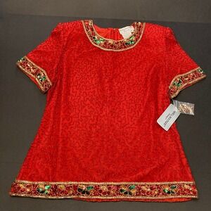 Papell Boutique Evening Top Womens XL Silk Sequins Red Handsewn 80s Shoulder Pad
